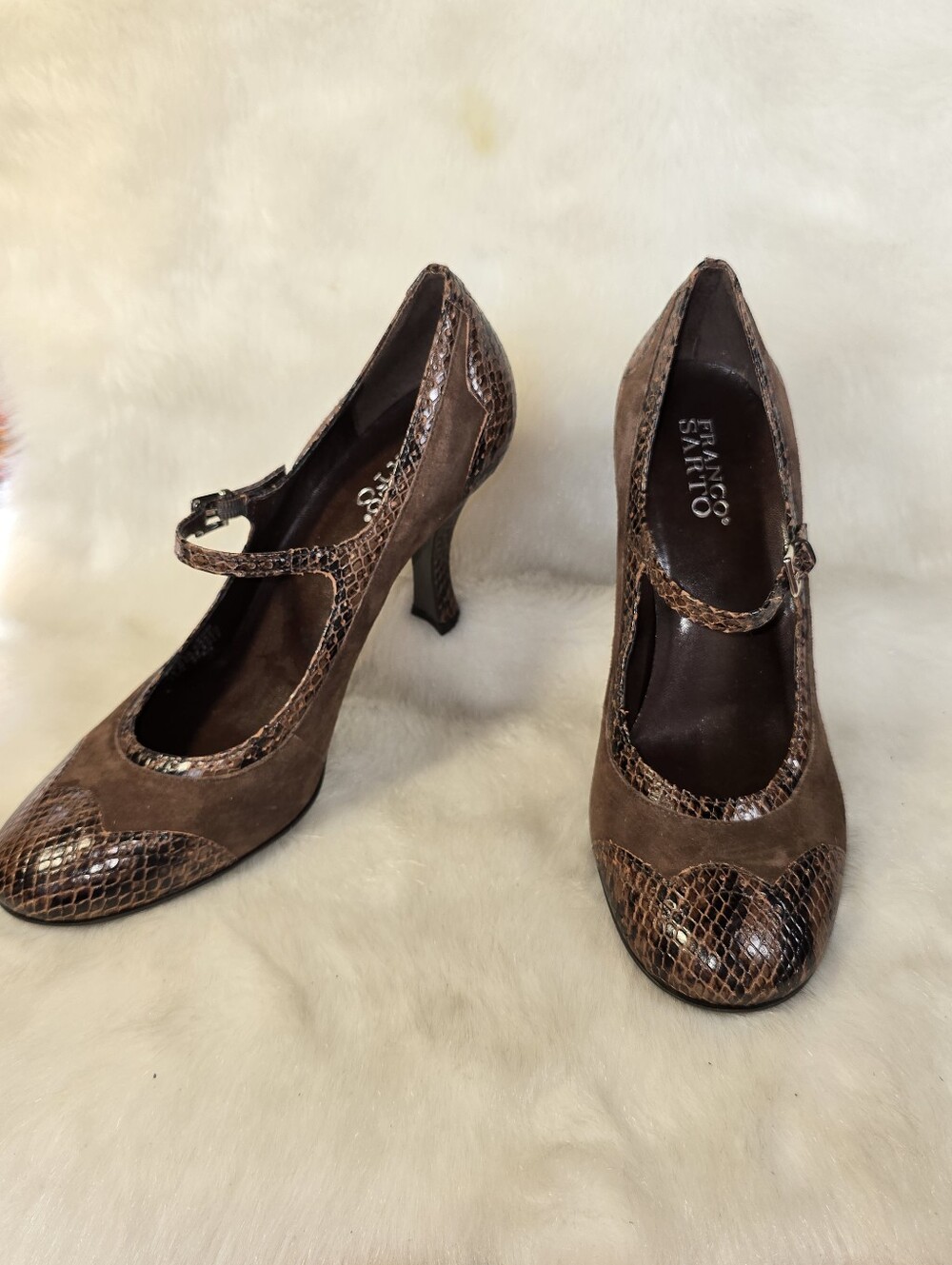 Franco Sarto Brown Suede & Snakeskin "Fallon" Mary Jane Kitten Heel Pumps - Picture 9 of 16